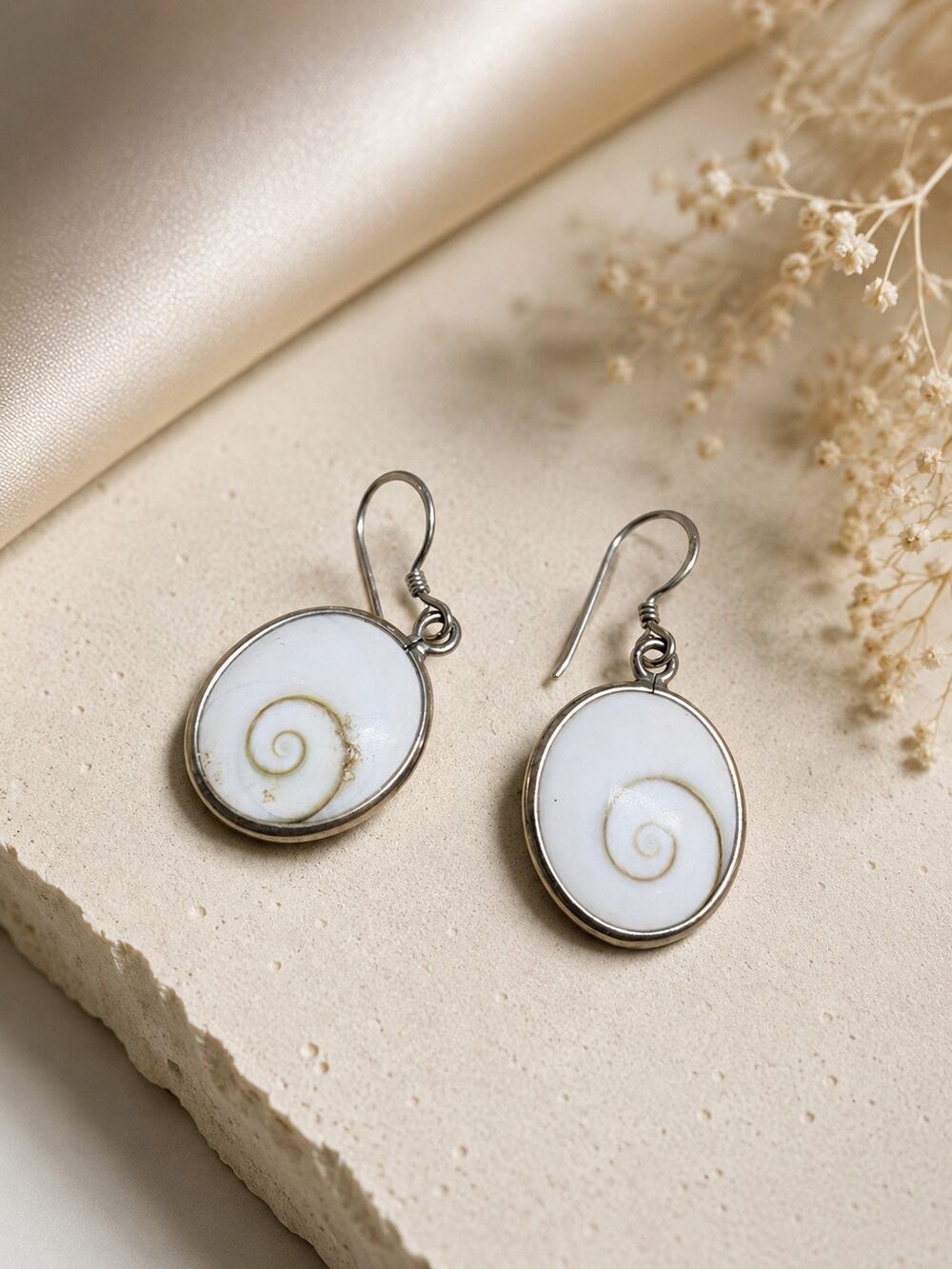 Shiva Eye Shell Sterling Silver 925 Dangle Earrings White Reversible Artisan